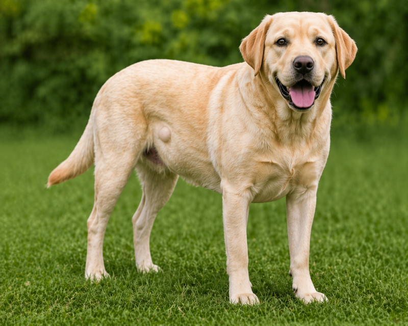 "Labrador Retriever with lipoma – soft fatty lump on the side of an adult dog."