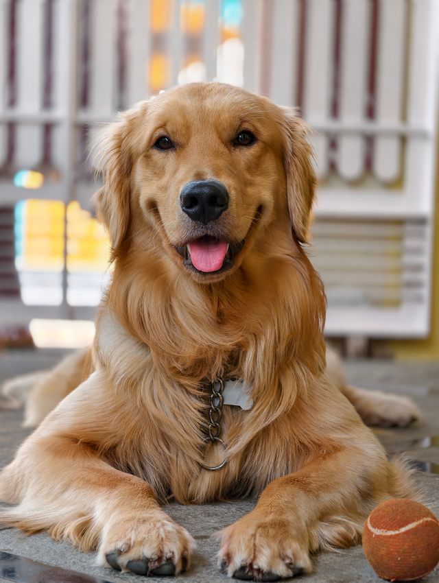 Senior dog waiting for his master at the door.
