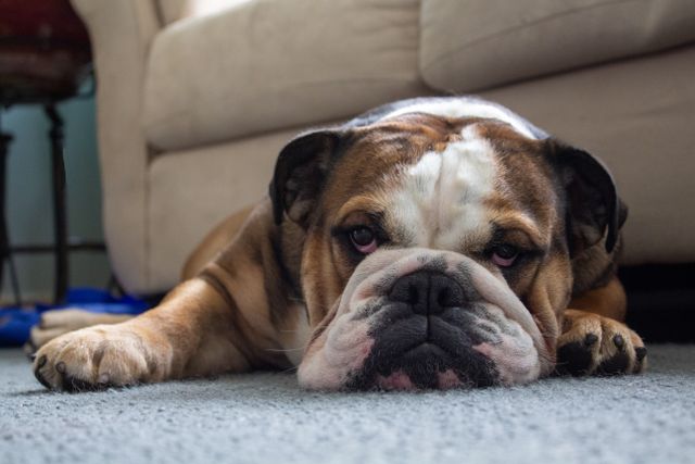 Dog resting comfortably after veterinary treatment instead of receiving human pain medication.